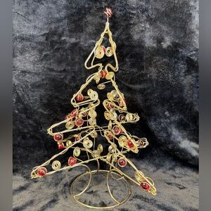 Vintage MCM Gold Toned Metal Spiral Wire Christmas Tree Red Marble Ornaments 15”